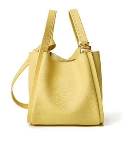 Handmade waterproof yellow bucket top grain leather bag for women with inner pockets and inner lining