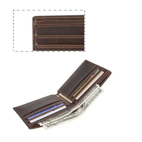 Dark brown bifold slim top grain leather wallet with many compartments and RFID-shielded