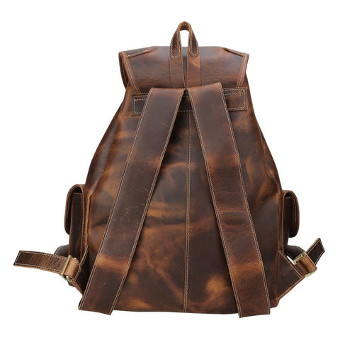 Handmade water-resistant dark brown genuine leather laptop backpack bag with large inner compartment an outer pockets.