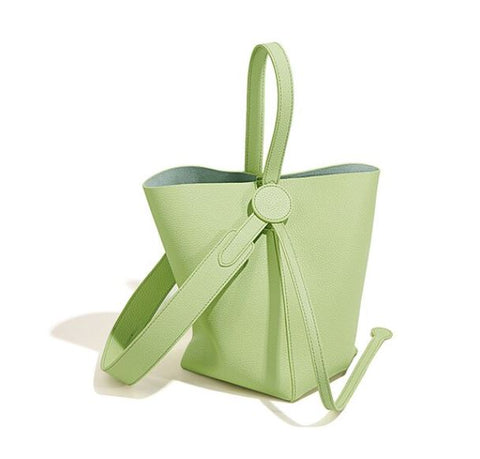 Handmade waterproof green top grain genuine leather bucket bag for women with inner pocket and inner lining