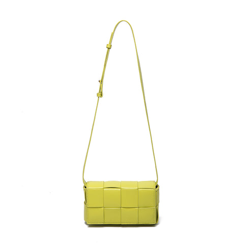 Handmade waterproof yellow top-grain genuine leather box bag with inner pockets and inner lining.