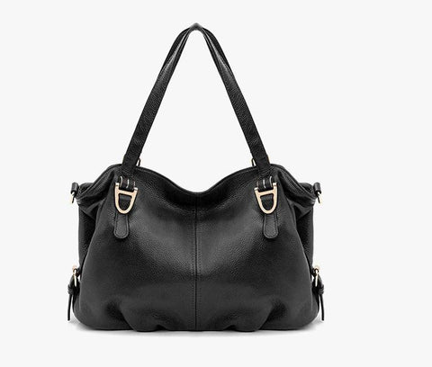Waterproof black genuine top grain leather tote with multiple pockets and inner lining.