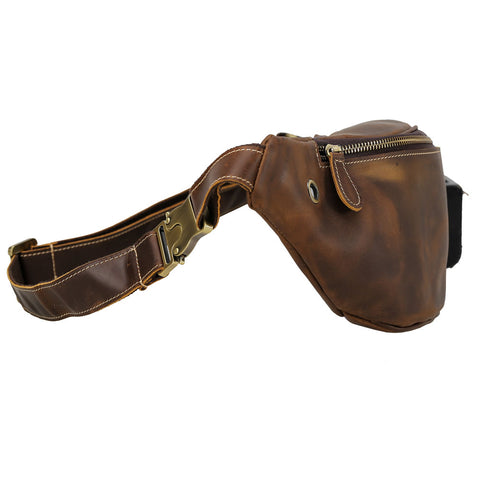 Brown fanny pack full grain cow leather leather bag with headphone hole and adjustable shoulder strap