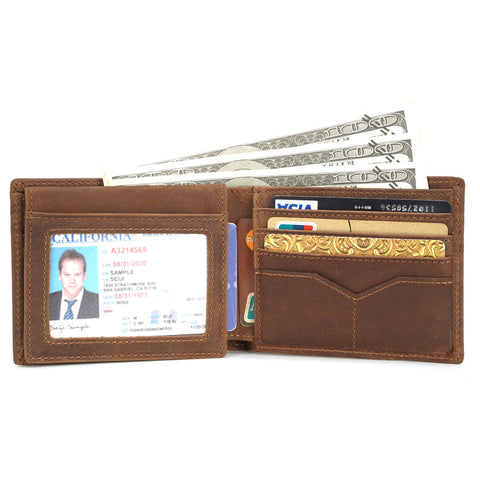 Light brown slim bifold top grain leather wallet with many compartments and RFID-shielded