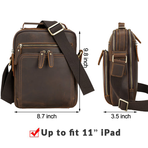 Brown cross body shoulder messenger full grain cow leather bag with adjustable shoulder strap, 2 compartments and many pockets.