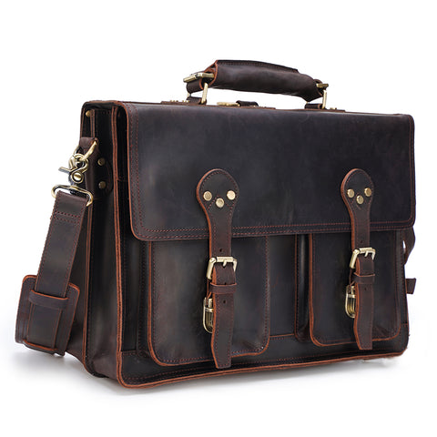 Handmade dark brown 100% top-grain genuine leather briefcase bag with large inner compartments, front pockets and inner canvas lining