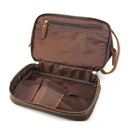 Dark brown leather travel cosmetic toiletry bag with inner zipper pocket and compartment