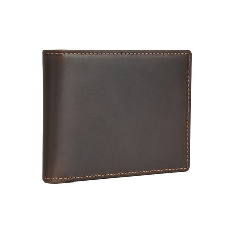 Dark brown bifold slim top grain leather wallet with many compartments and RFID-shielded