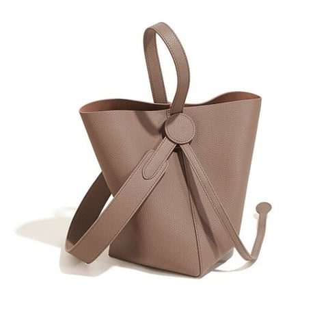 Handmade waterproof taupe top grain genuine leather bucket bag for women with inner pocket and inner lining