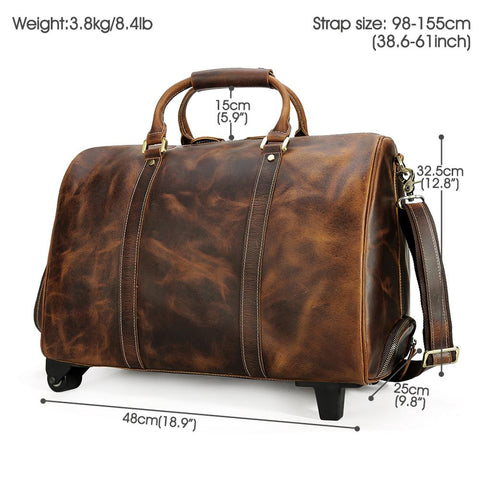 Brown Top-Grain Genuine Leather Luggage Duffel Bag with laptop compartment, adjustable shoulder strap with buckle detail and sturdy top handles