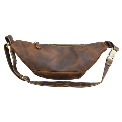 Brown fanny pack full grain cow leather leather bag with headphone hole and adjustable shoulder strap