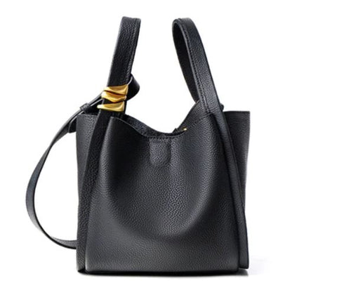 Handmade waterproof black bucket top grain leather bag for women with inner pockets and inner lining