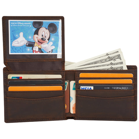 Dark brown ultra-slim bifold 100% top grain genuine leather wallet with RFID-shielded technology and 2 ID windows.