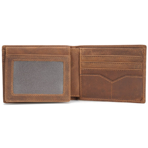 Light brown slim bifold top grain leather wallet with many compartments and RFID-shielded