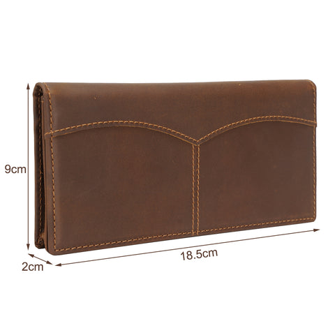 Brown 100% top grain genuine long leather wallet with RFID-shielded technology, many card slots and compartment pockets
