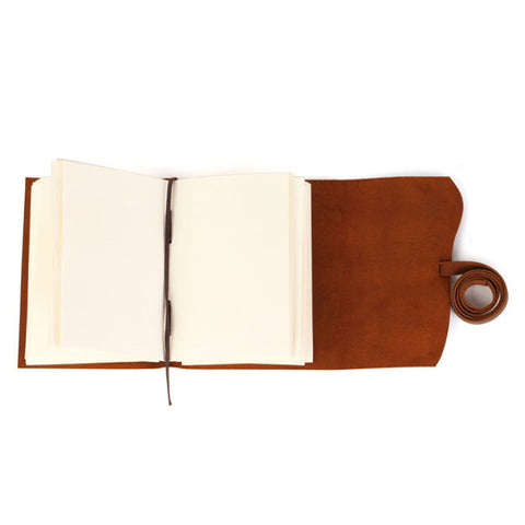 Handmade vintage genuine leather notebook with robust leather strip and deckle-edged ivory white paper