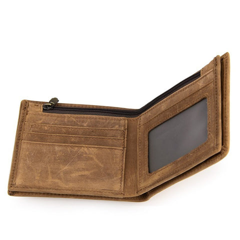 Brown billfold top grain leather wallet with many pockets and RFID-shielded