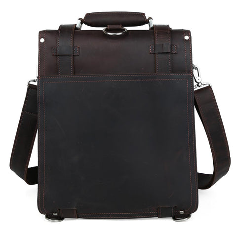 Water-resistant dark brown leather travel backpack with many compartments and pockets.