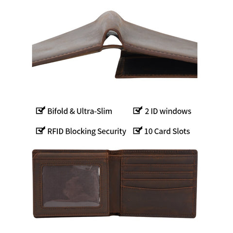 Dark brown ultra-slim bifold 100% top grain genuine leather wallet with RFID-shielded technology and 2 ID windows.