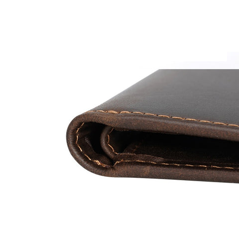 Dark brown bifold slim top grain leather wallet with many compartments and RFID-shielded