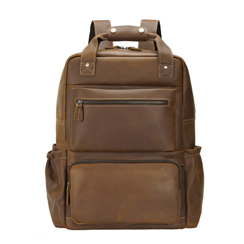 Light brown genuine full-grain cowhide leather backpack with pockets and laptop compartment