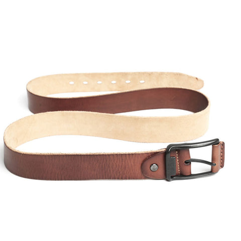 Brown full grain cow leather belt with rectangular black buckle