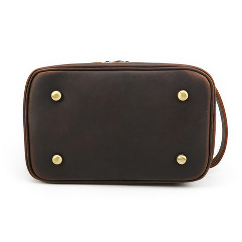 Dark brown leather travel cosmetic toiletry bag with inner zipper pocket and compartment