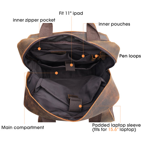 Handmade dark brown full grain cow genuine leather travel backpack bag with laptop compartment, many front pockets, inner pockets, pen loops and adjustable shoulder strap.