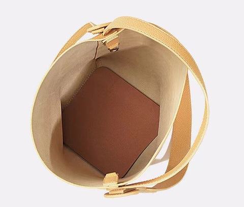 Handmade waterproof yellow top grain genuine leather bucket bag for women with inner pocket and inner lining