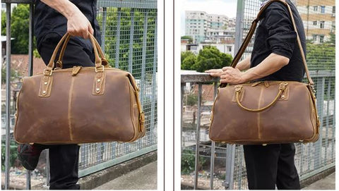 Brown top-grain genuine leather travel or gym bag with large inner compartments and adjustable shoulder straps.