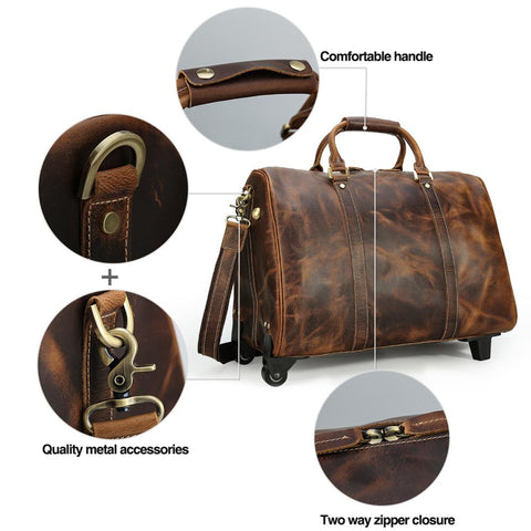 Brown Top-Grain Genuine Leather Luggage Duffel Bag with laptop compartment, adjustable shoulder strap with buckle detail, metal accessories, two way zipper closure and sturdy top handles