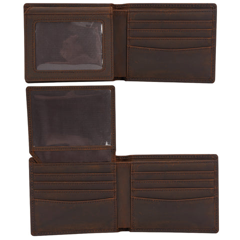 Dark brown ultra-slim bifold top grain vintage leather wallet with many compartments and RFID-shielded