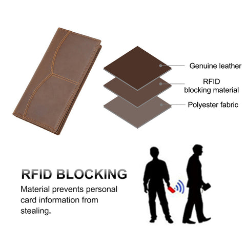 Brown 100% top grain genuine long leather wallet with RFID-shielded technology, many card slots and compartment pockets