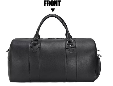 Black high end top grain leather weekender bag with shoe compartment