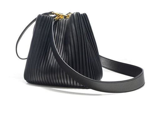 Handmade waterproof black top grain leather bucket bag for women with inner pocket and inner lining