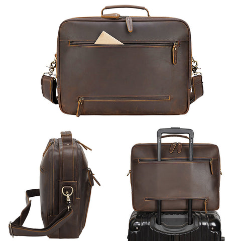 Handmade brown top grain leather laptop briefcase with inner canvas lining, many pockets and compartments