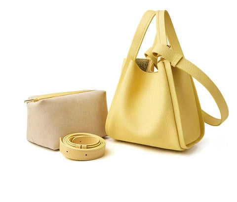 Handmade waterproof yellow bucket top grain leather bag for women with inner pockets and inner lining