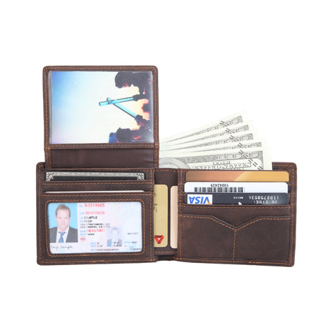 Dark brown slim bifold top grain leather wallet with many compartments and RFID-shielded