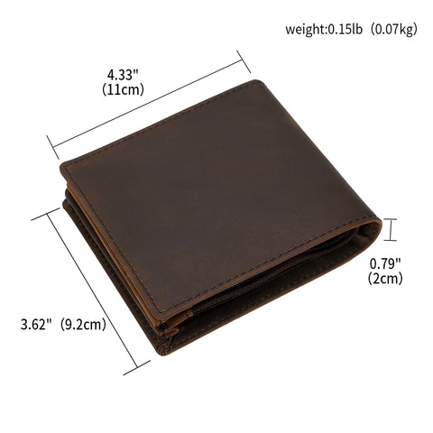 Brown slim bifold top grain leather wallet with many compartments and RFID-shielded