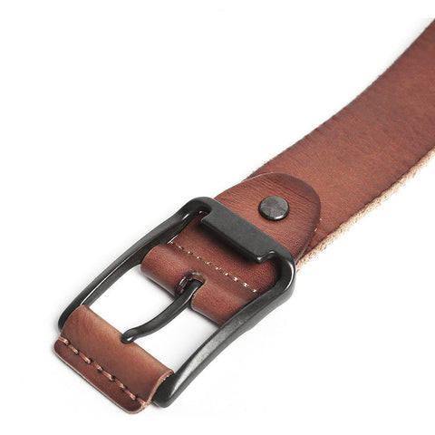 Brown full grain cow leather belt with rectangular black buckle