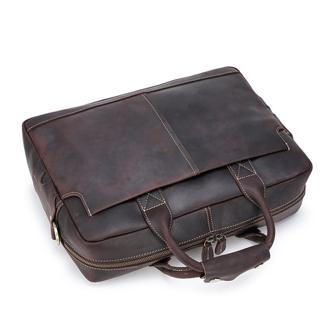 Handmade dark brown top grain leather briefcase bag with laptop compartment and inner canvas lining