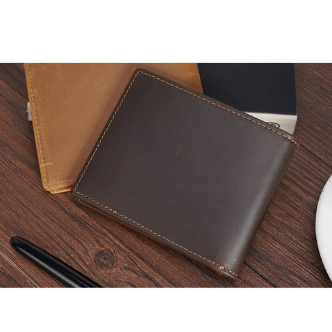 Dark brown bifold slim top grain leather wallet with many compartments and RFID-shielded