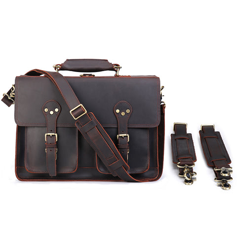 Handmade dark brown 100% top-grain genuine leather briefcase bag with large inner compartments, front pockets and inner canvas lining