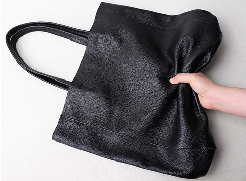 Handmade waterproof black genuine top grain leather tote for women with inner lining