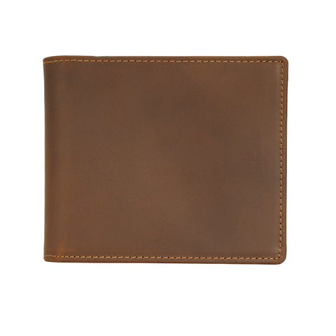 Brown slim bifold top grain leather wallet with many compartments and RFID-shielded