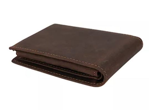 Dark brown slim bifold top grain leather wallet with many compartments and RFID-shielded