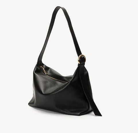 Soft black waterproof top-grain leather bag with sturdy top, inner pockets and inner lining.