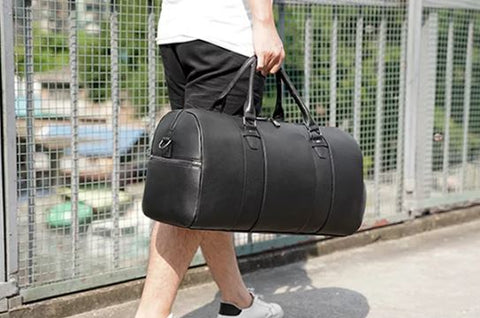 Black high end top grain leather weekender bag with shoe compartment