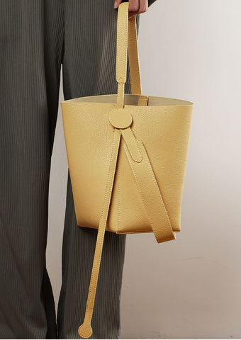 Handmade waterproof yellow top grain genuine leather bucket bag for women with inner pocket and inner lining