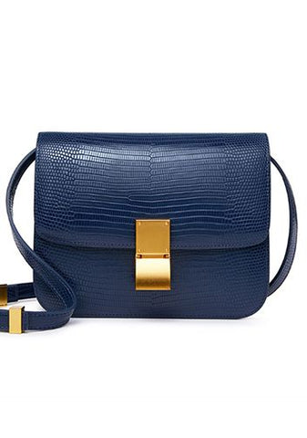 Handmade waterproof navy blue box top grain leather bag with compartments and inner linings.